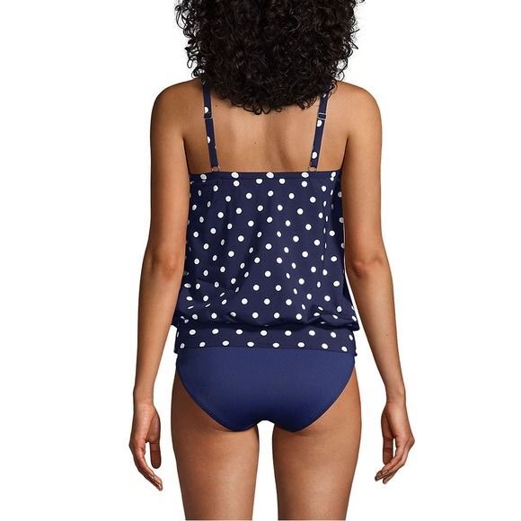 Land's End Chlorine Resistant Blouson Tankini Swimsuit Blue Polka Dot upf50 14DD - Picture 2 of 8